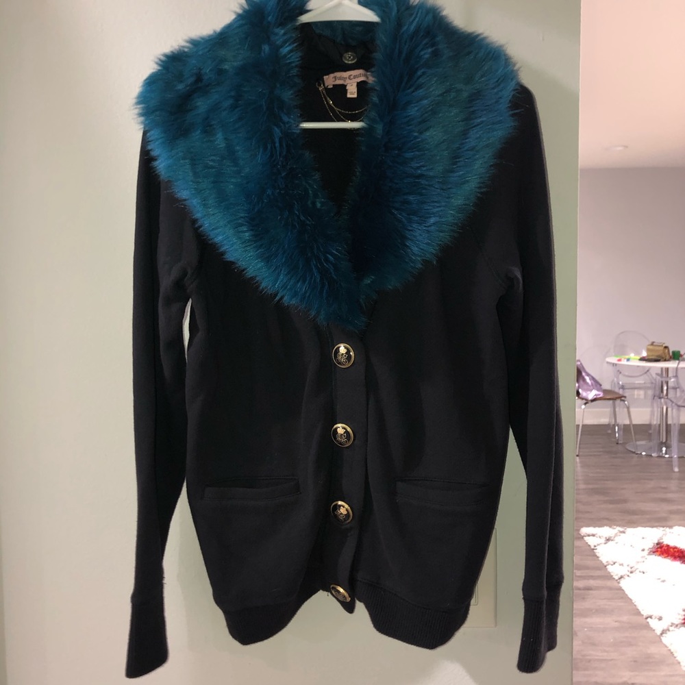 Juicy couture dark blue and teal faux fur cardigan